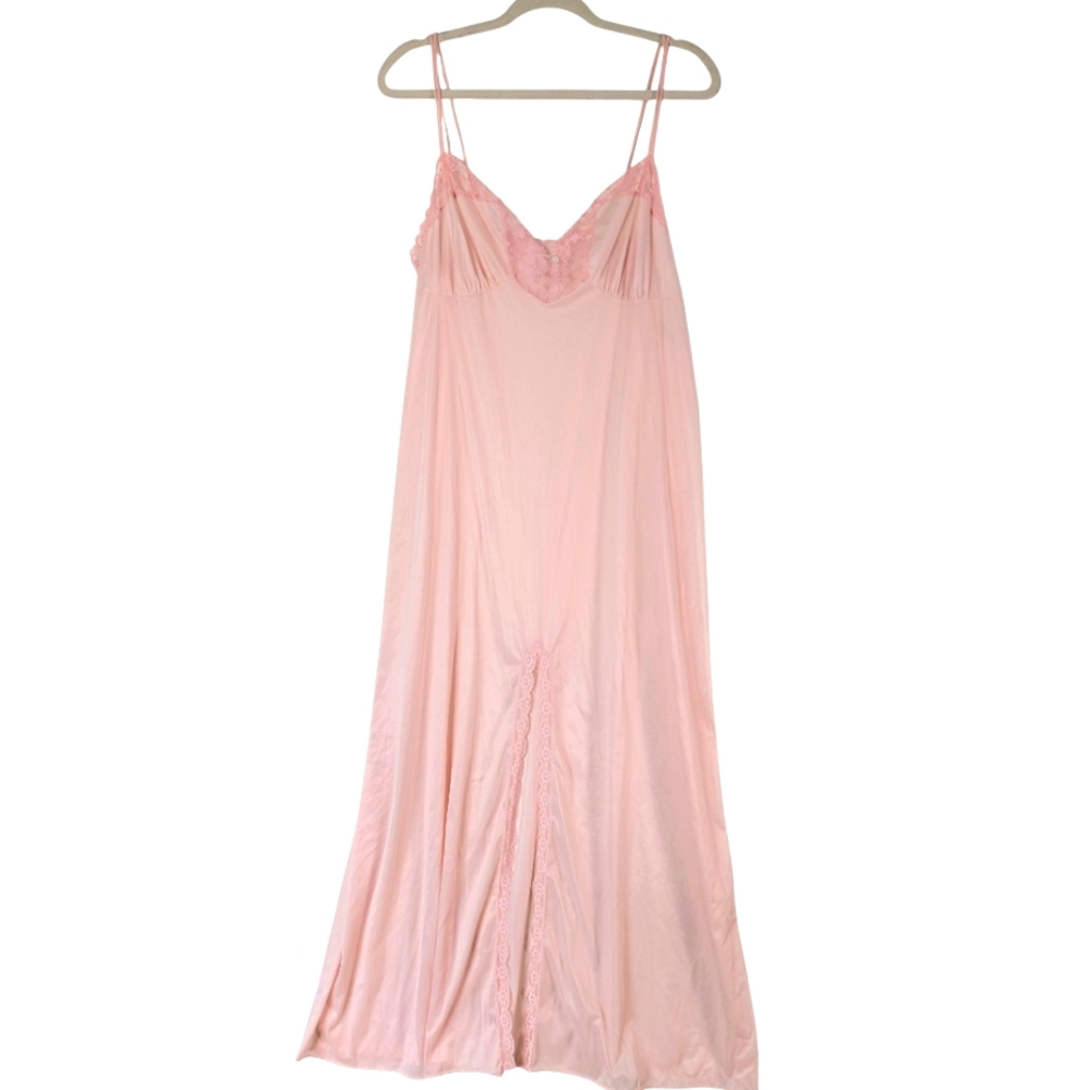 Vanity Fair 90s Vintage Pink Nylon Tricot Lace Full Slip Nightgown L Large USA